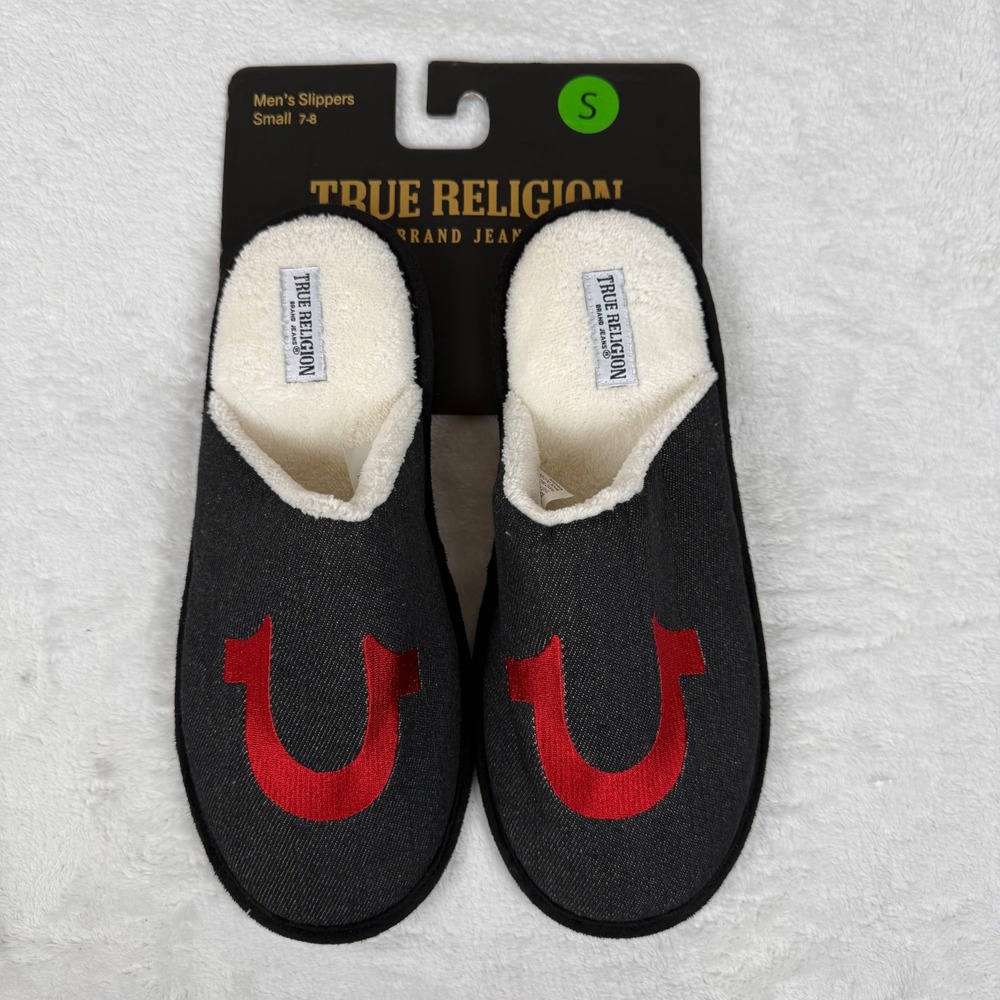 True Religion Mens Slippers Black Denim Red Horseshoe Logo Faux Fur Small 7-8